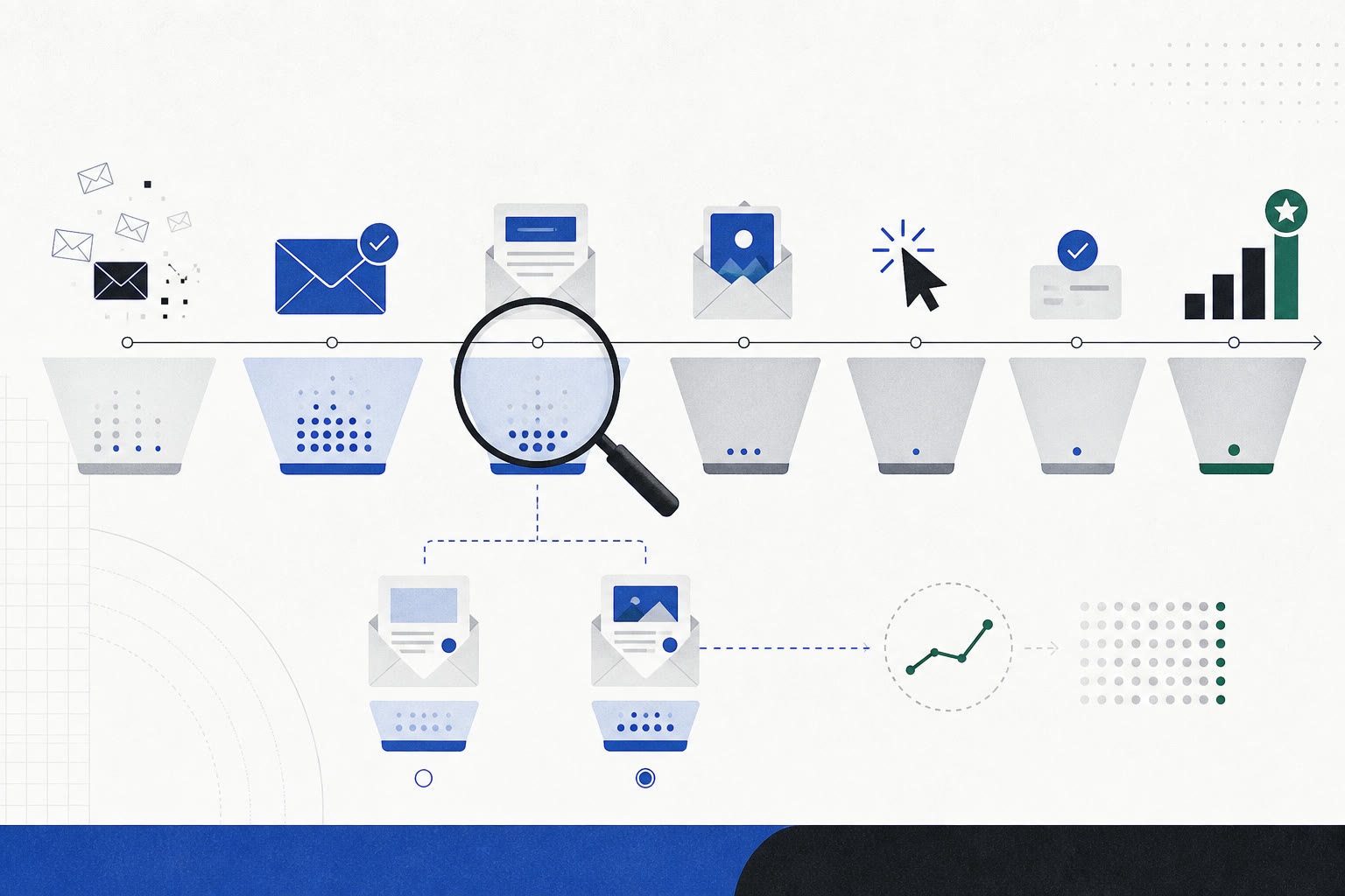 An email campaign funnel inspected at its earliest weak stage before a controlled test is selected.