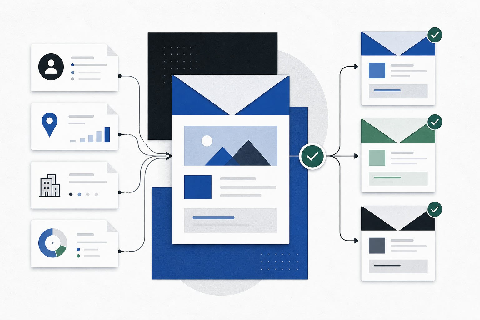 Customer context signals flowing into a reviewed email and branching into recipient-specific message variations.