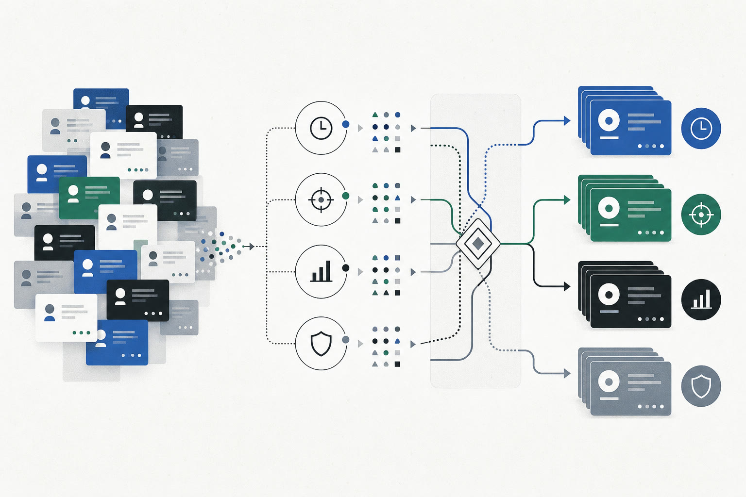 A mixed customer audience moving through lifecycle, intent, value, and risk rules into four prioritized campaign groups.